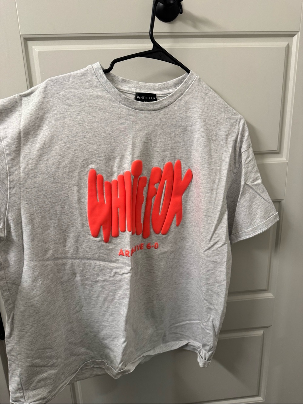 White Fox Boutique Gray Tee with Neon Coral Graphic